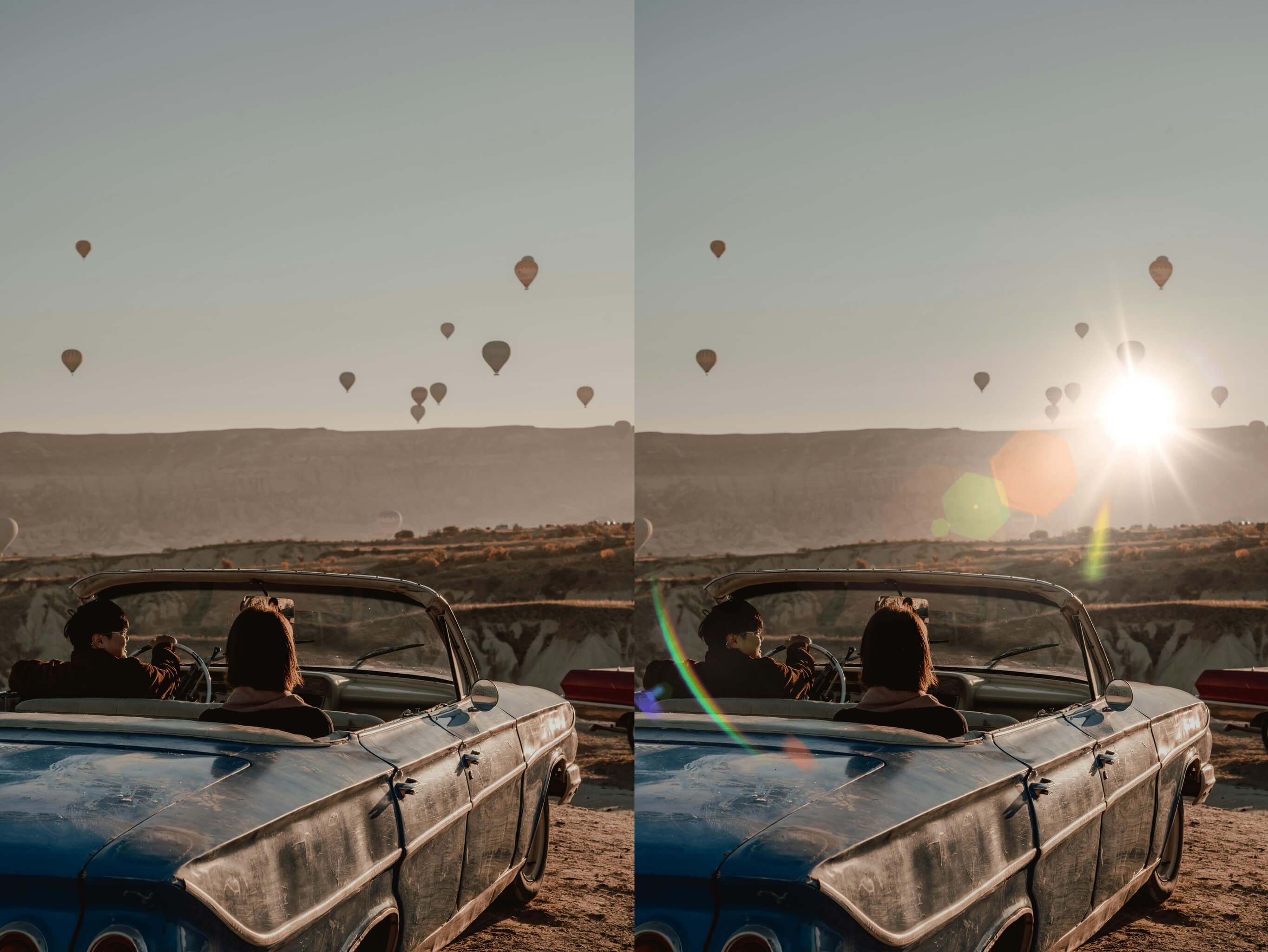 Couple watching hot air balloon, free lens flare effect by addlensflare.com, picture by pexels.com