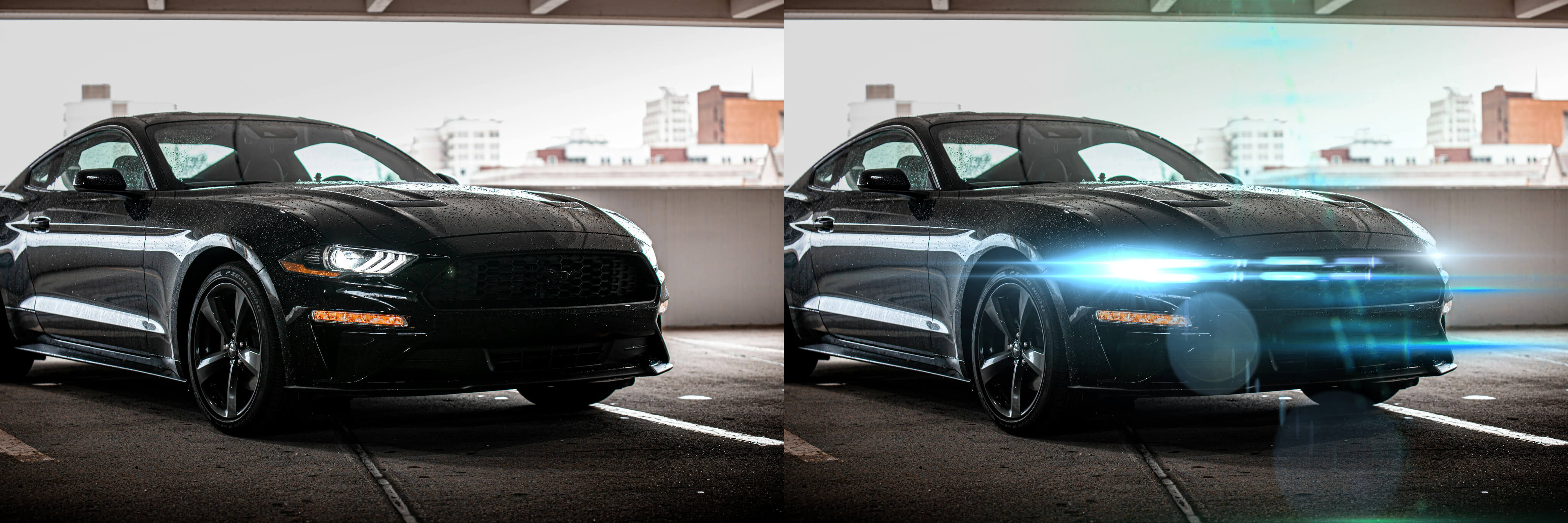 Sports car in a car park with bright headlight, free lens flare by addlensflare.com, photo by pexels.com